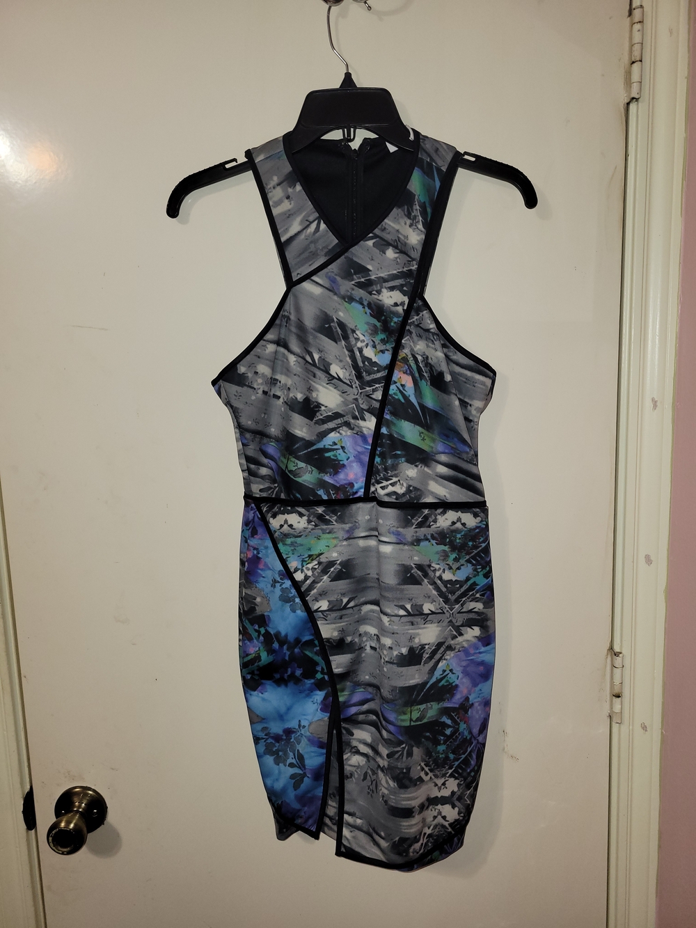 Parker One-Shoulder Abstract Bodycon Dress in Gray and Blue